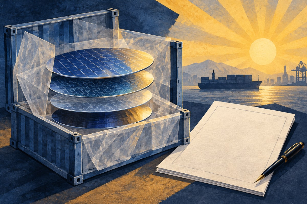 Conceptual solar wafers in an open translucent shipping crate