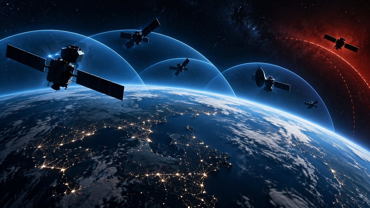 AI-generated illustration. Conceptual satellites and defensive arcs around Earth; not an image of U.S. orbital weapons or any real military deployment.