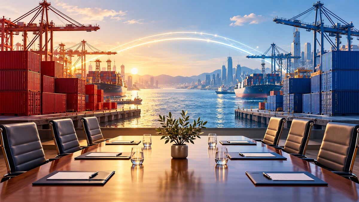 AI-generated illustration of a conference table overlooking two connected cargo ports; it is not a photograph of the trade talks.