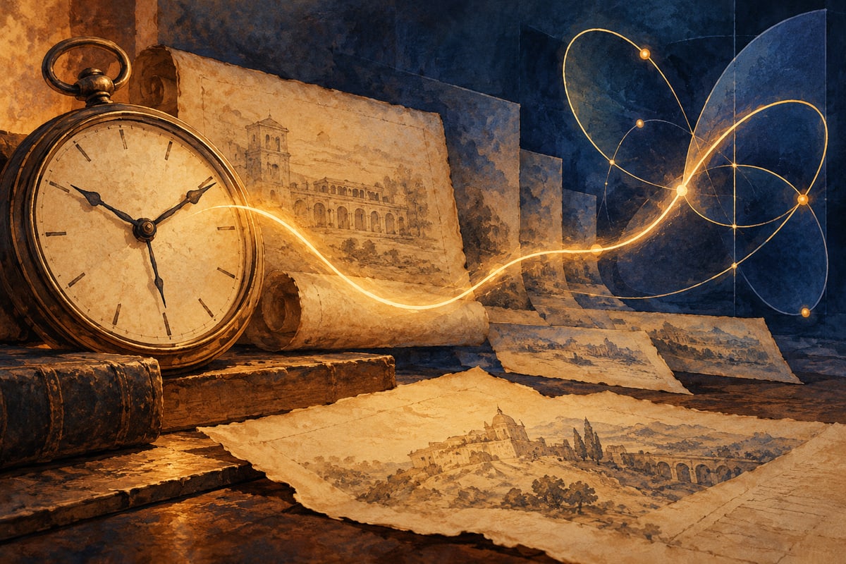 An archival clock and paper surrounded by abstract elliptical curves