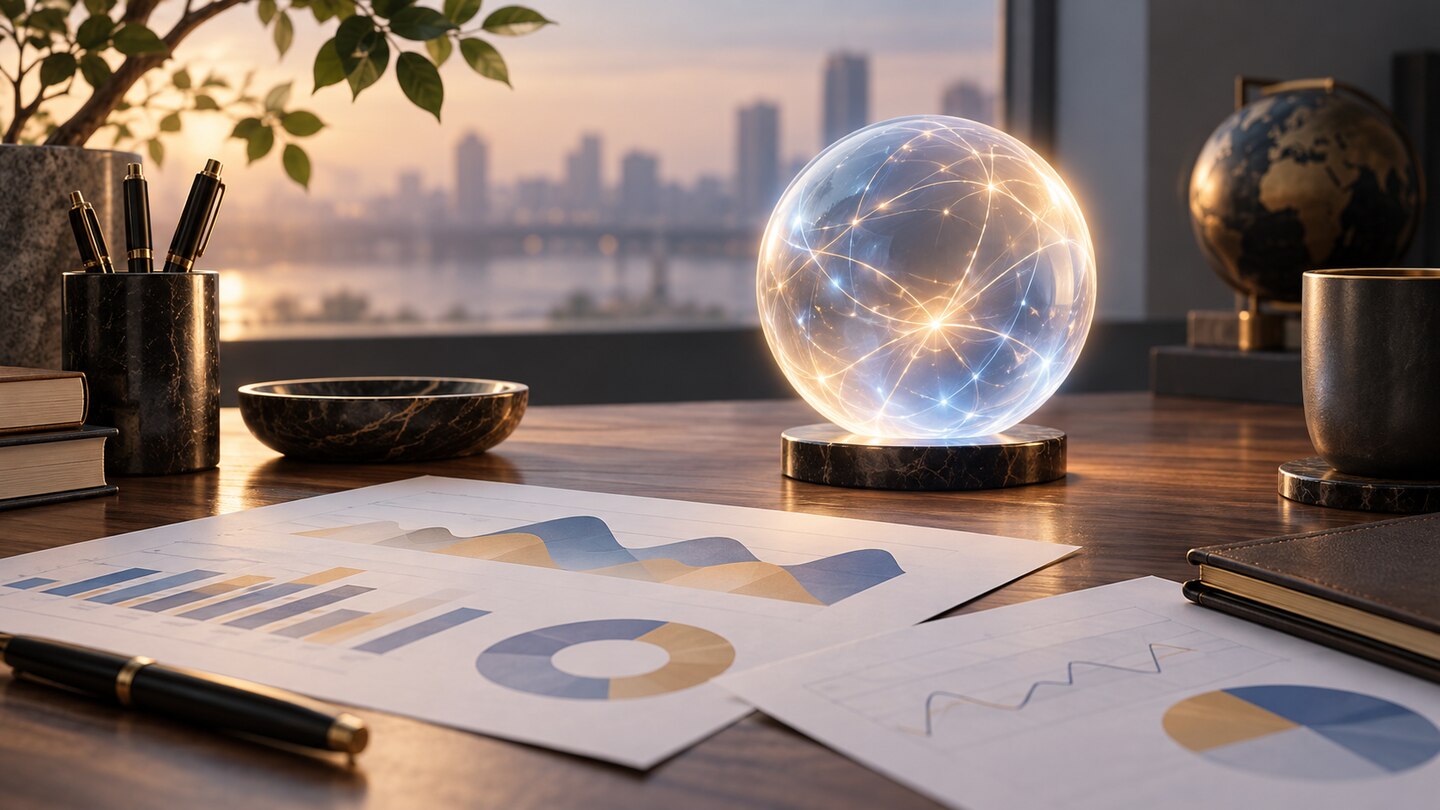 AI-generated illustration. Conceptual AI orb beside abstract portfolio charts; not a Claude interface or real financial data.