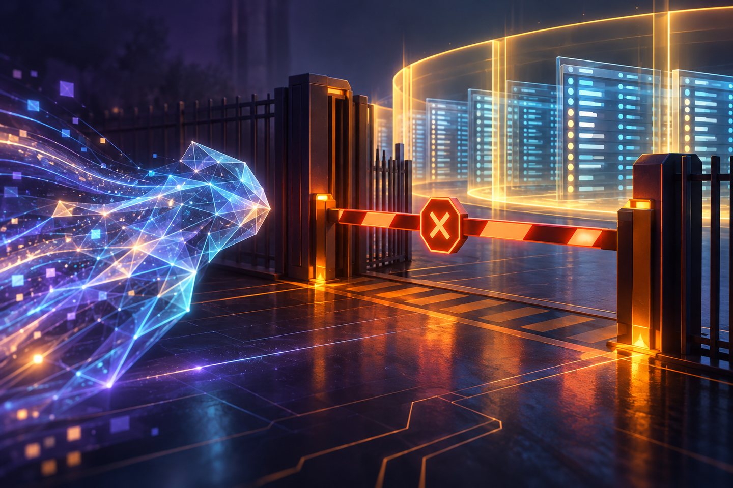 Original conceptual illustration of a geometric AI form stopped at a digital access barrier before public data panels