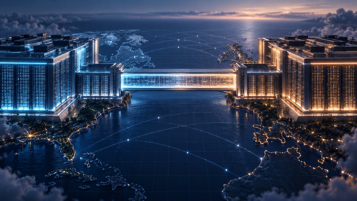 AI-generated illustration. Conceptual data-center structures joined across a transatlantic grid; not company facilities or a photograph of the merger.