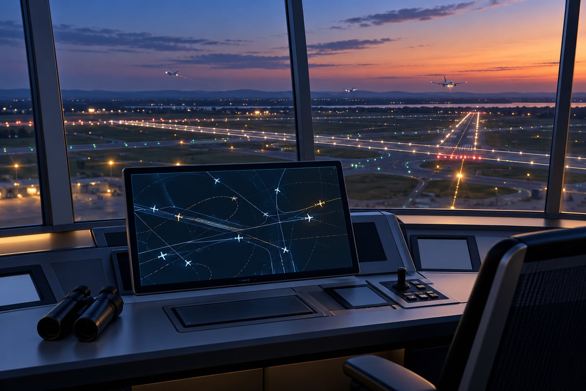 Original conceptual regional airport control tower with compact traffic display