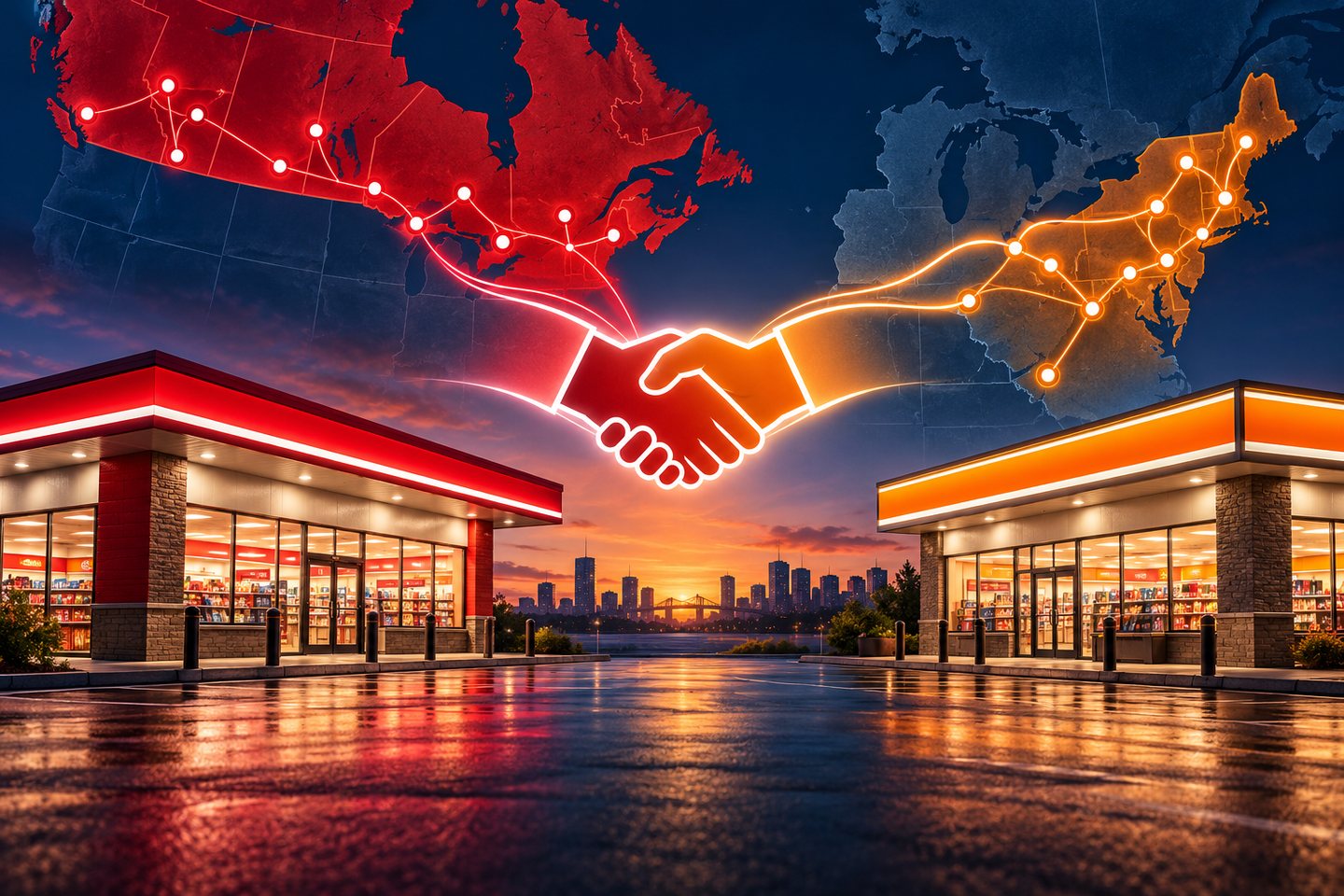 Original conceptual illustration of two unbranded convenience-store networks joining in a proposed acquisition