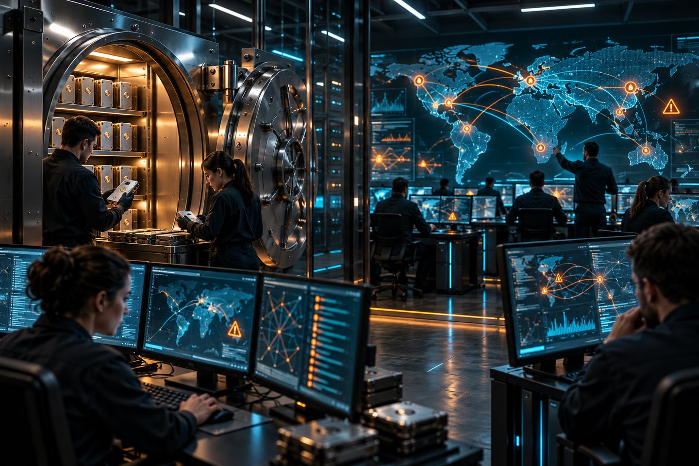 Conceptual digital-asset security center reinforcing cold-storage key vaults and threat sharing