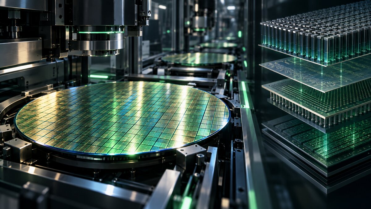 AI-generated illustration. A semiconductor wafer and layered memory chips on an advanced fabrication line; not a CXMT factory or product photograph.