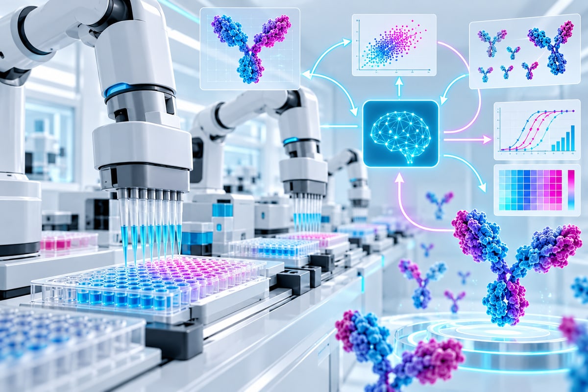 AI-generated illustration of an autonomous laboratory designing and testing antibody-like molecules; it is not a photograph of a Danaher facility.