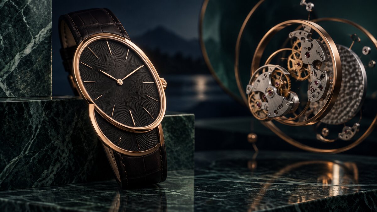 AI-generated illustration. An original unbranded rose-gold double-ellipse dress watch with a black guilloche dial; not the Daniel Roth reference or an official product image.