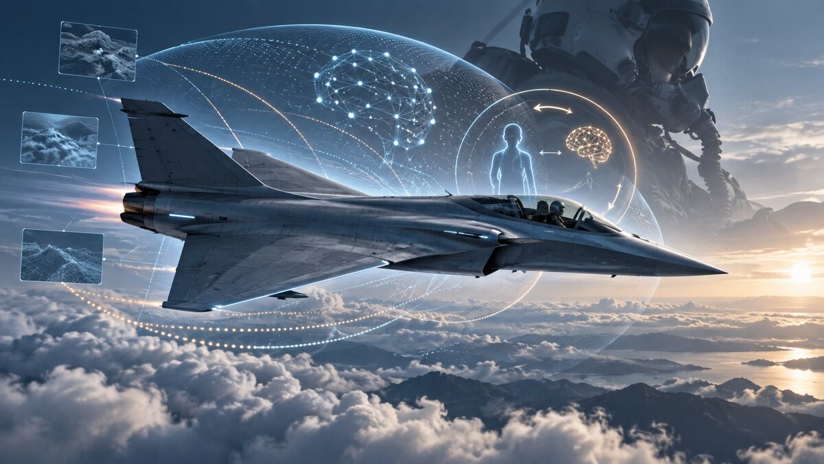 AI-generated illustration. A generic delta-wing aircraft is surrounded by abstract sensor arcs; it is not an exact Rafale or a real test flight.