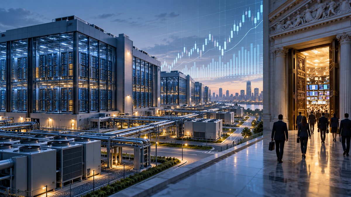 AI-generated illustration of a data-centre campus facing an abstract public-market gateway; it is not a real DayOne facility or IPO event.