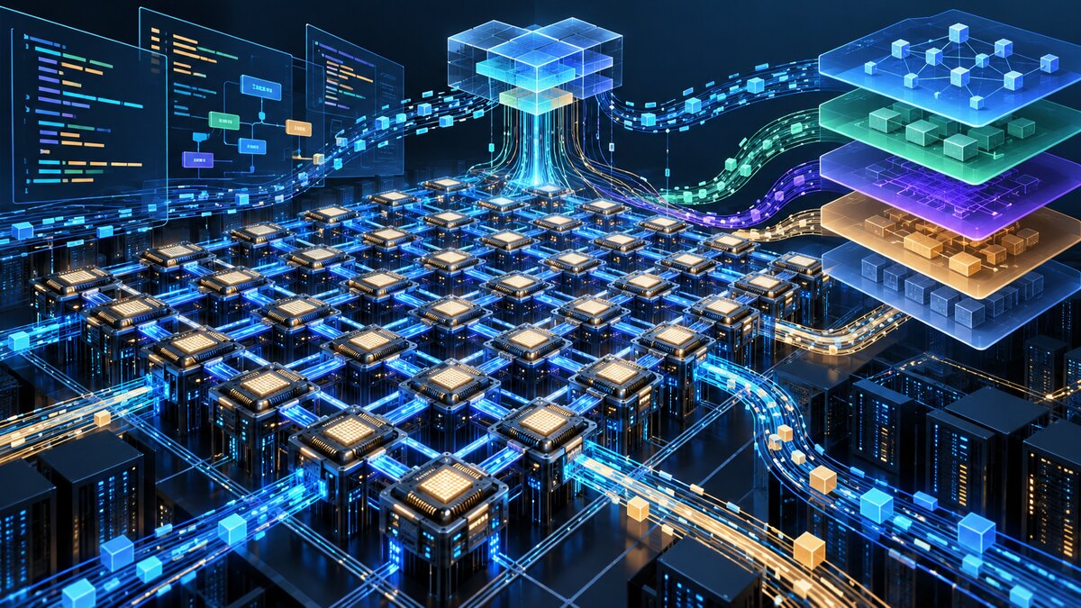 AI-generated illustration of chip tiles connected into a large AI-computing fabric; it is not a photograph or official diagram of Huawei hardware.