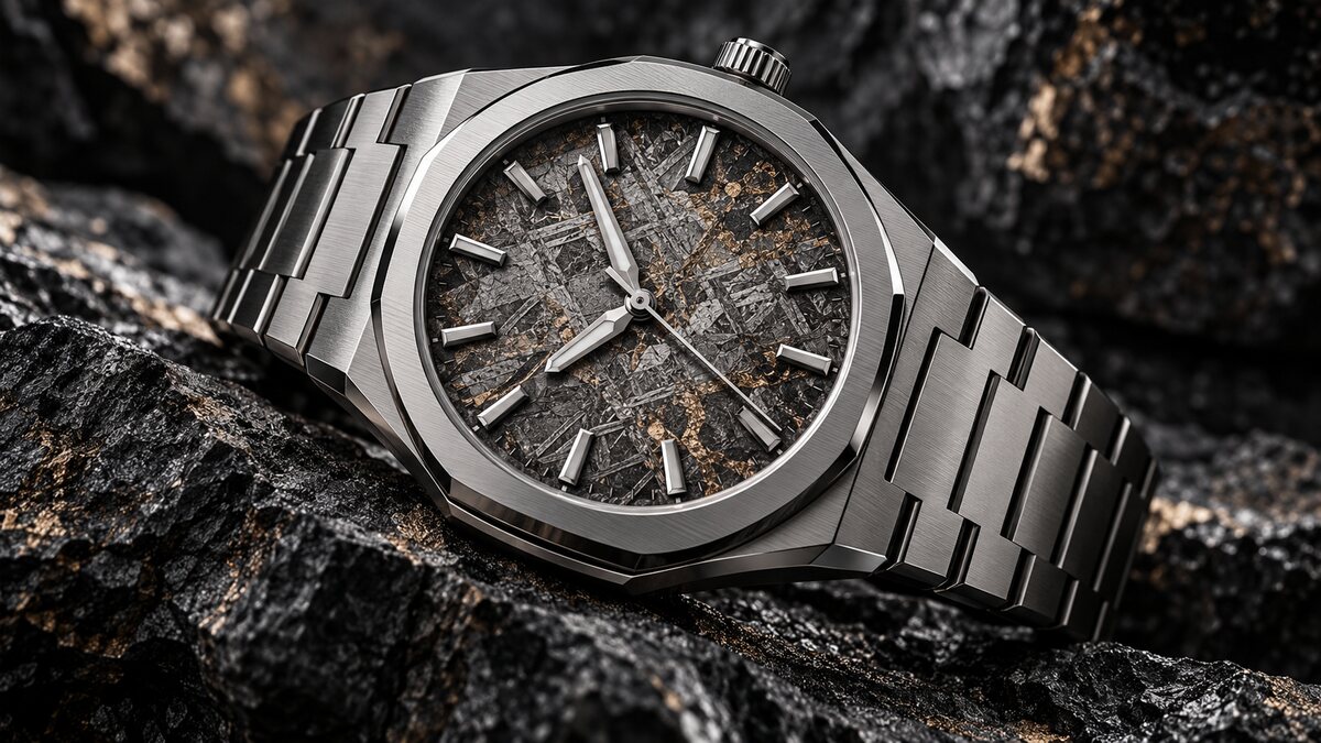 AI-generated illustration. A fictional unbranded mechanical sports watch with an abstract meteorite-texture dial rests on dark stone; it is not the Delma Midland.