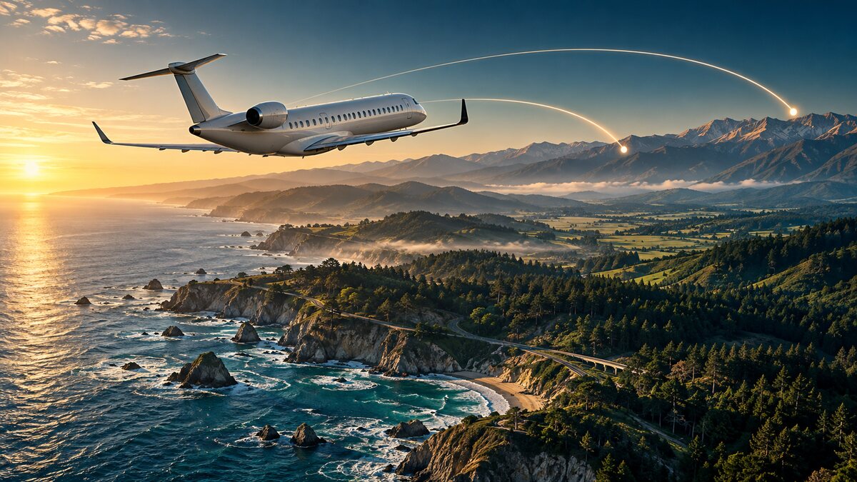 AI-generated illustration. An unbranded regional jet crosses a Pacific coast toward mountains with route arcs; not a Delta aircraft or actual flight.