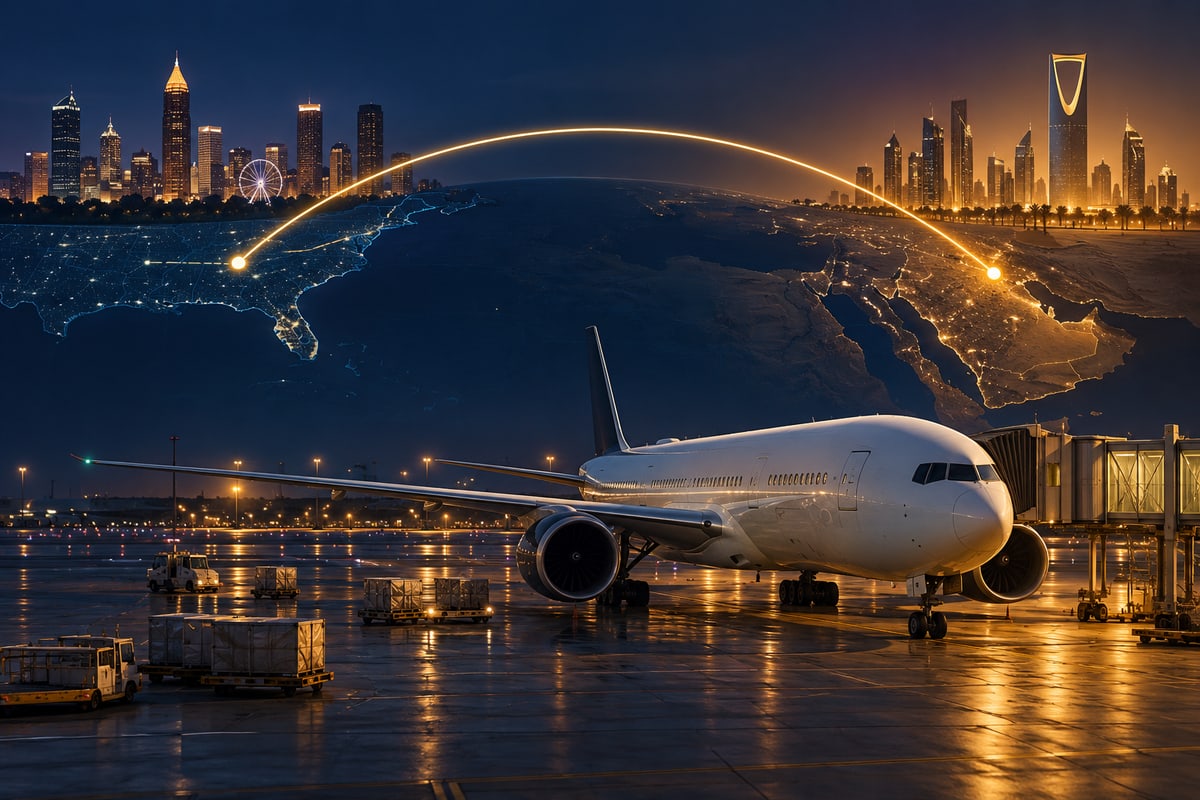 Conceptual widebody passenger jet at a quiet night gate with a glowing route arc
