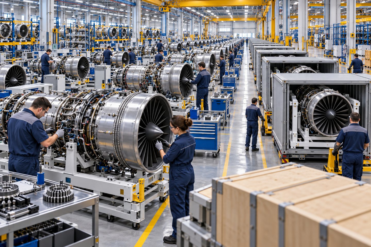 Original conceptual aerospace propulsion factory producing rows of compact turbojet engines