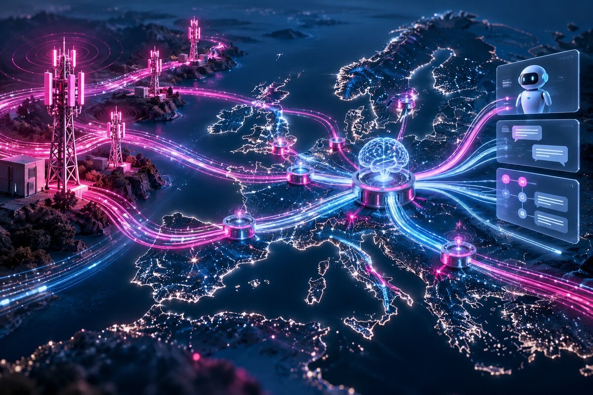 AI-generated illustration of a European telecom network coordinated by an AI system; it is not a photograph of Deutsche Telekom infrastructure.