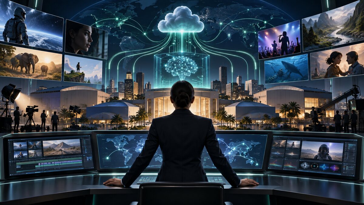 AI-generated illustration. A generic global media studio, streaming screens and cloud engineering grid converging on a central technology hub; not a Disney facility or interface.