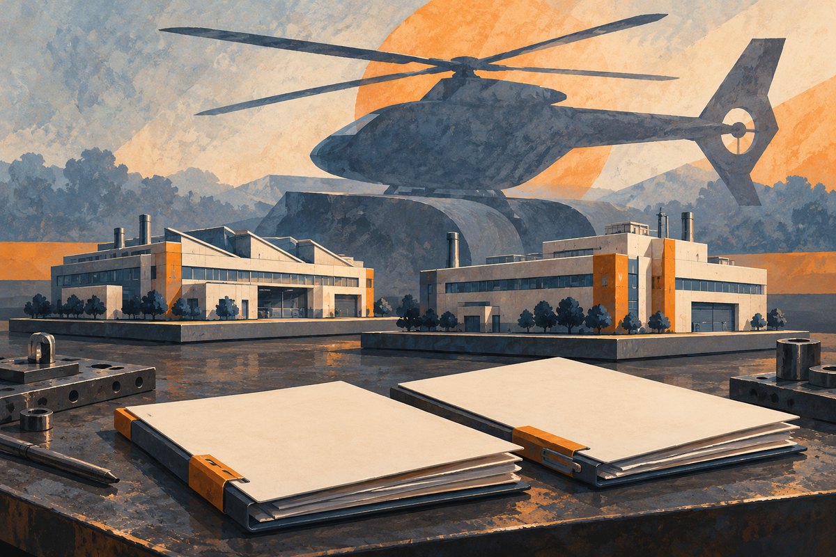 Abstract helicopter silhouette above two factory models and blank project folders