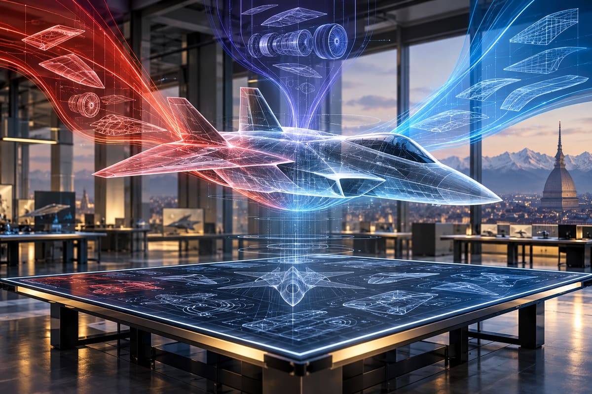 Conceptual illustration of three engineering streams converging on a translucent future aircraft design in Turin