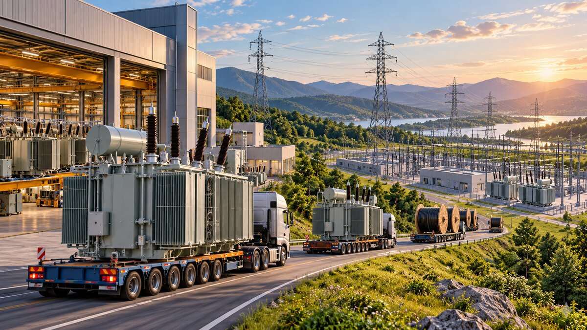 AI-generated illustration of transformers moving from a factory toward substations and transmission lines; it is not a photograph of an EIB or BNP project.