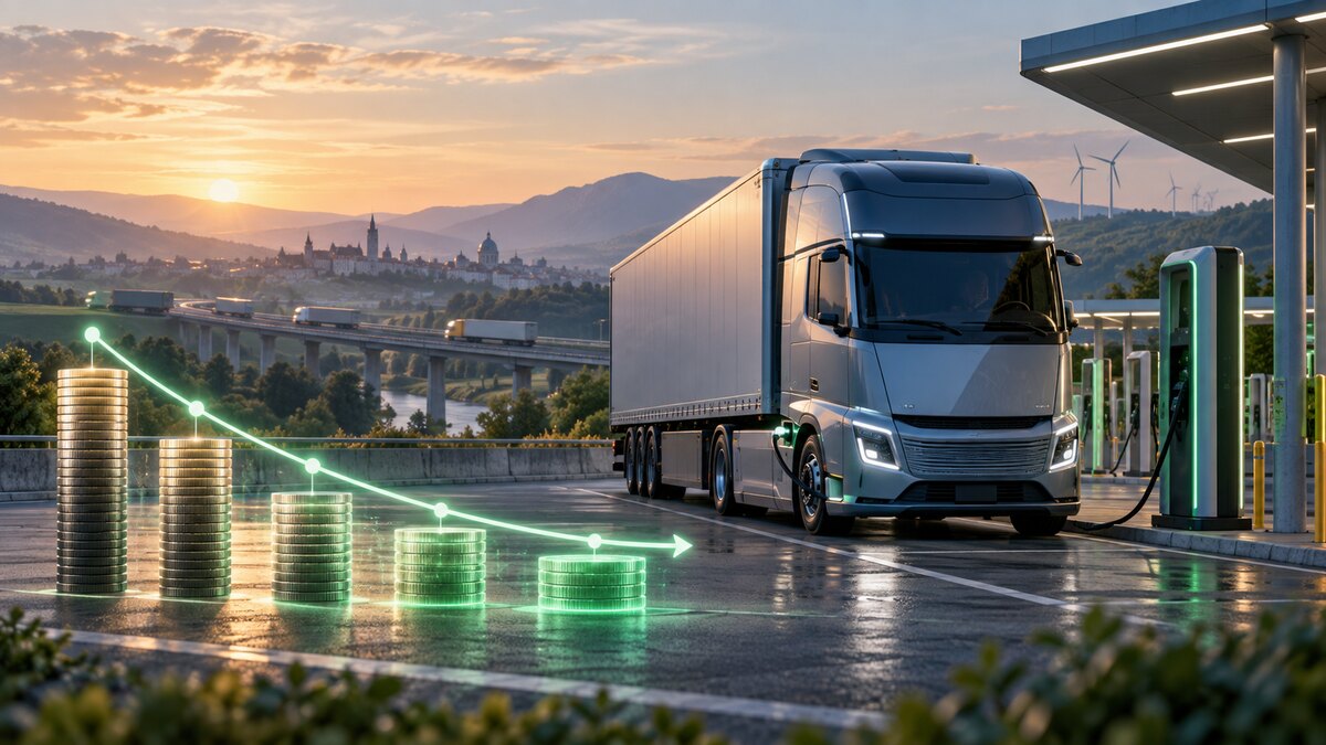 AI-generated illustration of an unbranded electric semi-truck charging beside a declining cost curve; it is not a photograph of a real fleet.
