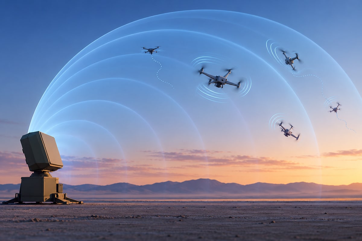 Conceptual defensive electromagnetic field interrupting drones over an empty test range