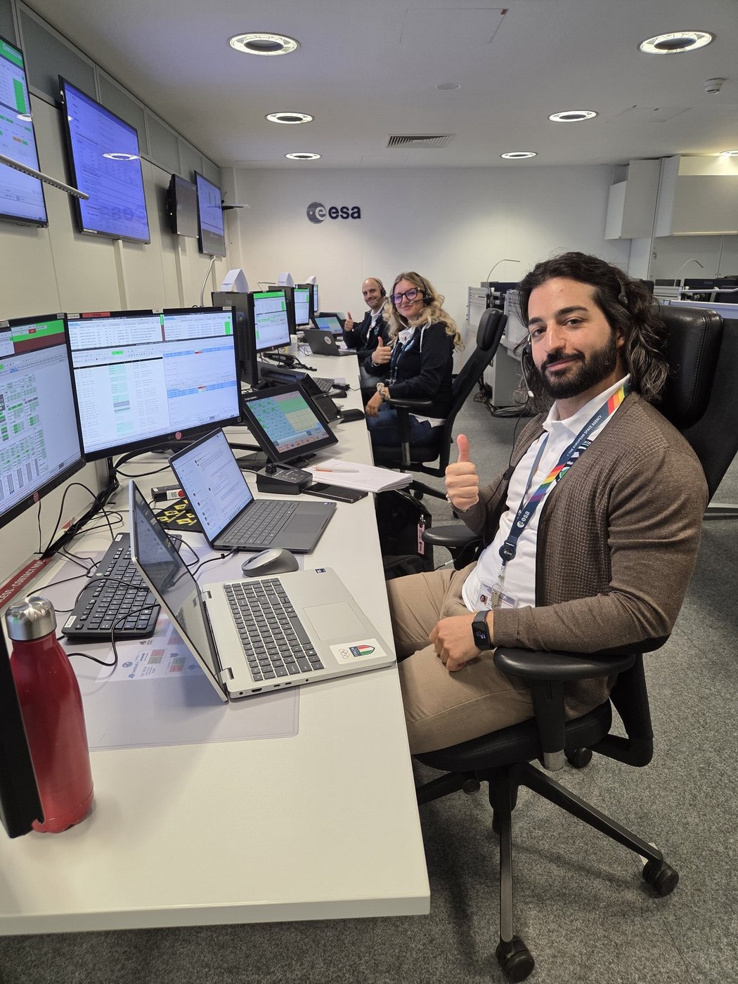 Sentinel-3C operations engineers working at consoles during dual-mission simulations at ESOC