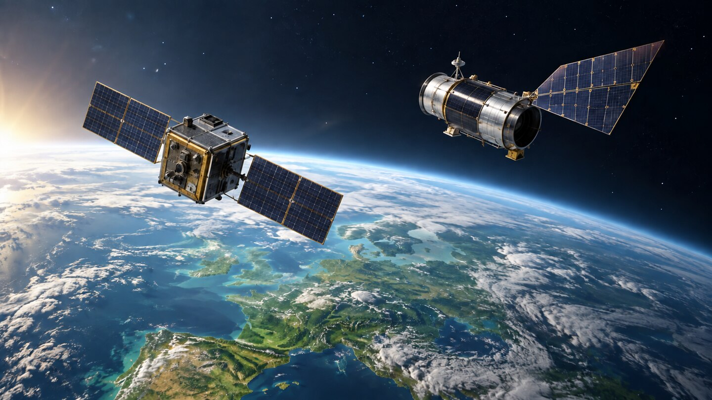AI-generated illustration. Two conceptual observation satellites above Earth; not the actual FLEX or Sentinel-3C spacecraft or a photograph of their launch.
