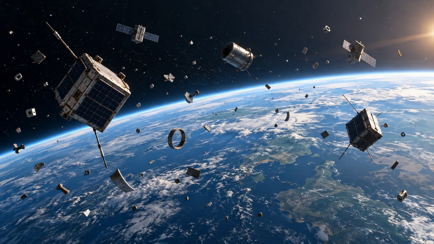 AI-generated illustration. Conceptual defunct satellites and debris above Earth; not to scale and not a documented orbital scene.