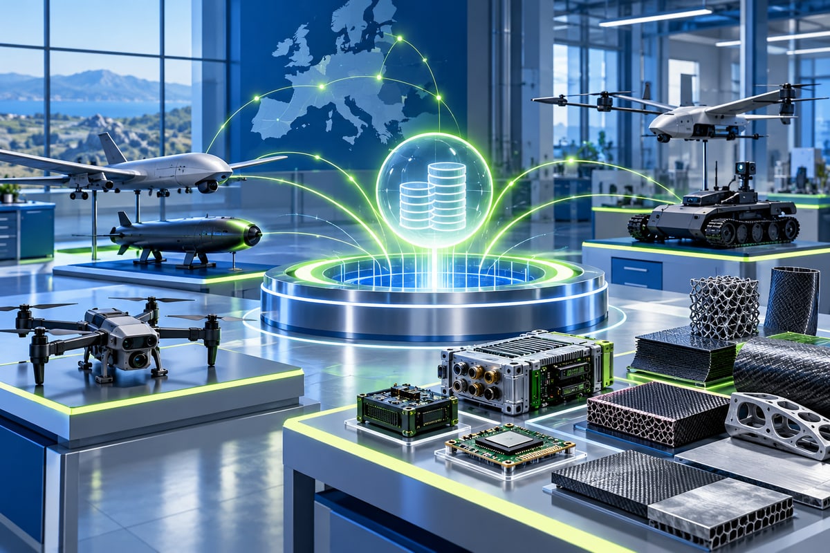 Conceptual European defence research workshop with prototypes around an innovation hub