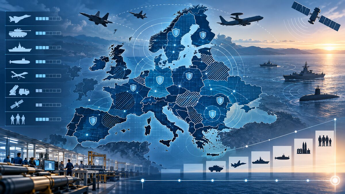 AI-generated analytical illustration of a Europe-shaped planning grid with shield, air, naval and space capability symbols; it is not a real military briefing.