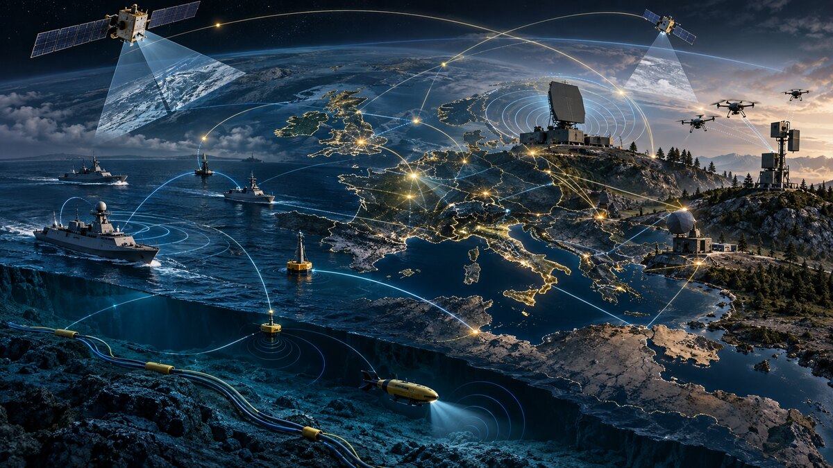 AI-generated illustration of a conceptual European security network linking satellites, radar, ships, seabed cables and counter-drone sensors; it is not a photograph of a military operation.