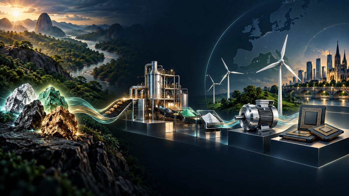 AI-generated illustration. Mineral samples flow through a clean processing chain toward motors, turbines and chips; not a Viridis mine or Solvay facility.