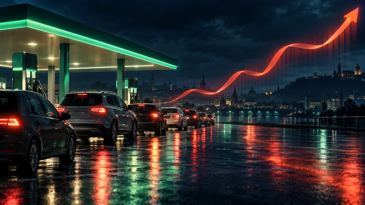 AI-generated illustration. Unbranded cars queue at a petrol station beneath a rising cost ribbon; not a particular European station or protest.