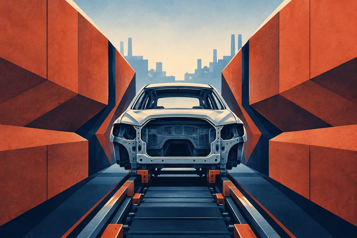 Conceptual automotive assembly line with an unbranded car between narrowing geometric walls