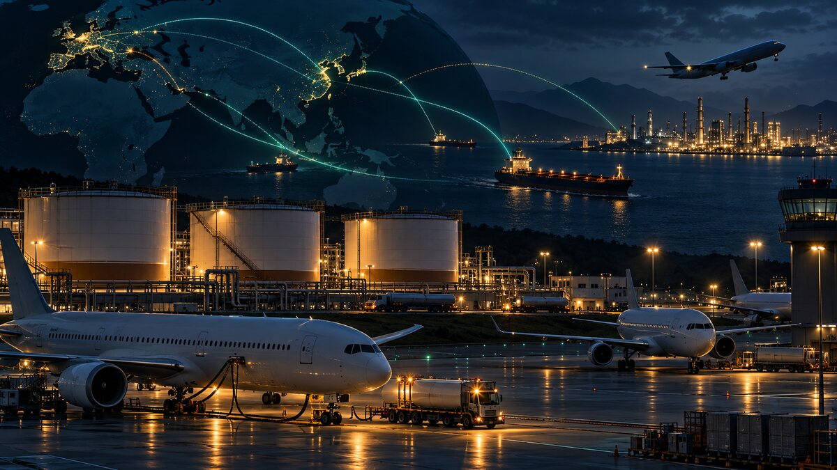 AI-generated illustration. Unbranded airliners, low storage tanks and long tanker routes depict jet-fuel supply pressure; not a real airport or shipment.
