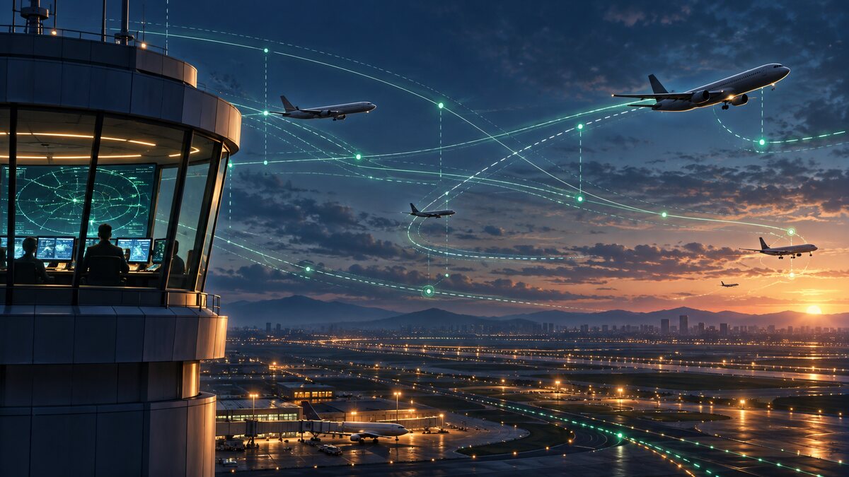 AI-generated illustration. A generic control tower overlooks unbranded aircraft and predictive flight paths; not a real airport or FAA deployment.