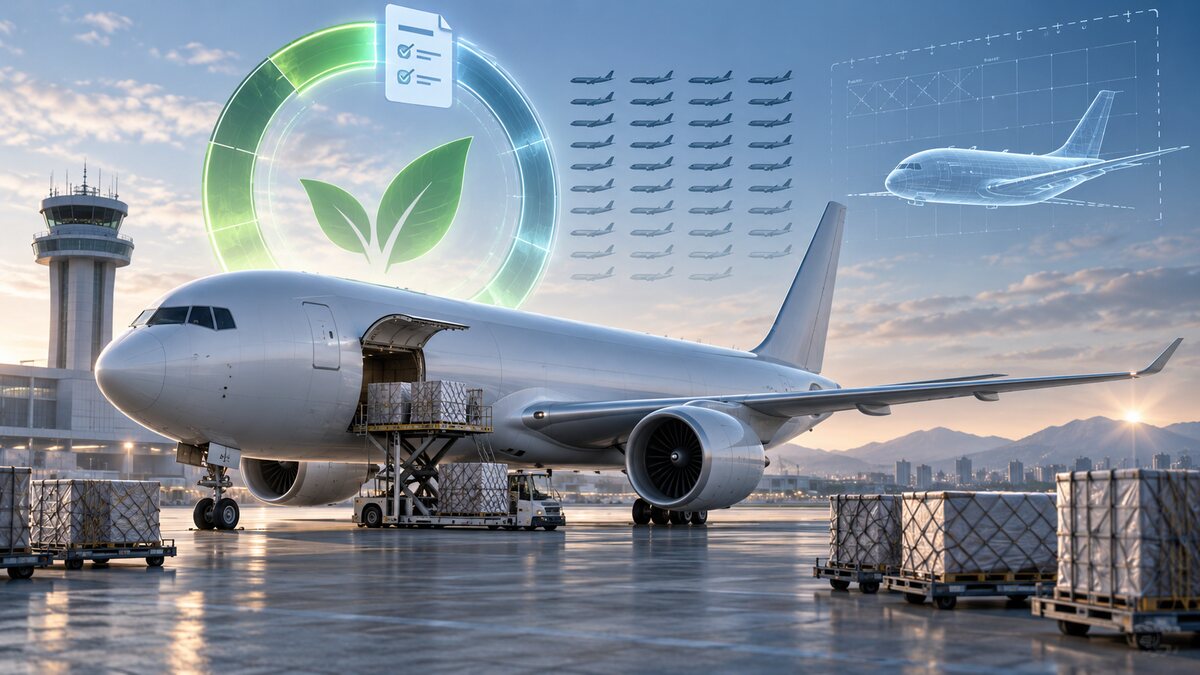 AI-generated illustration. A generic wide-body cargo aircraft with freight pallets and an abstract emissions-review symbol; not a Boeing 777F or a photograph of the FAA decision.
