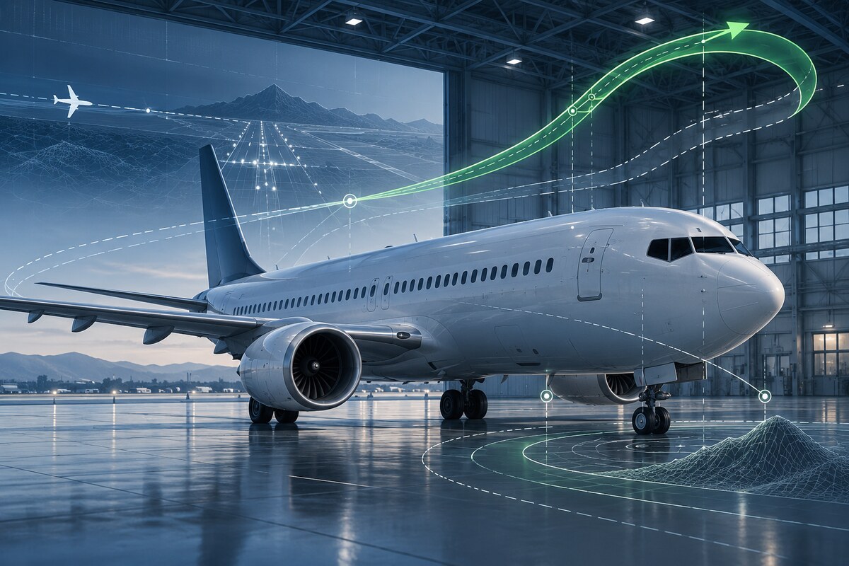 AI-generated illustration of a fictional narrow-body jet in a hangar with an abstract green go-around path; it is not a photograph of a Boeing aircraft or FAA review.