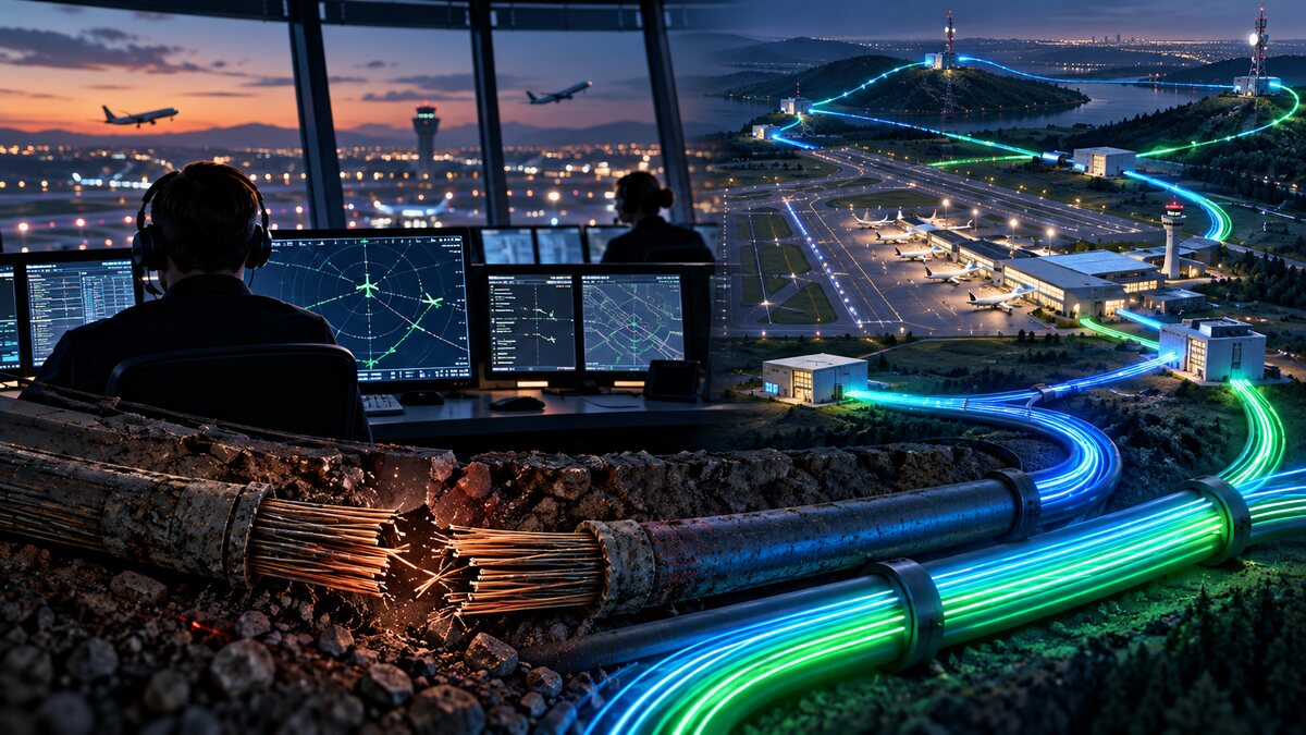 AI-generated illustration of an air-traffic-control room connected by old and modern fibre routes; it is not a real FAA facility or outage.