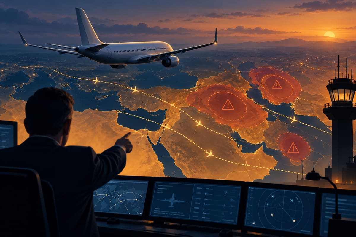 Conceptual illustration of a passenger jet crossing an air-route map with safety warning zones