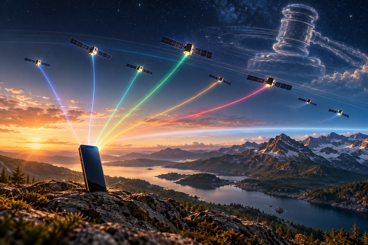 AI-generated illustration of a smartphone connecting to low-Earth-orbit satellites through coloured spectrum bands; it is not a photograph of an FCC proceeding.