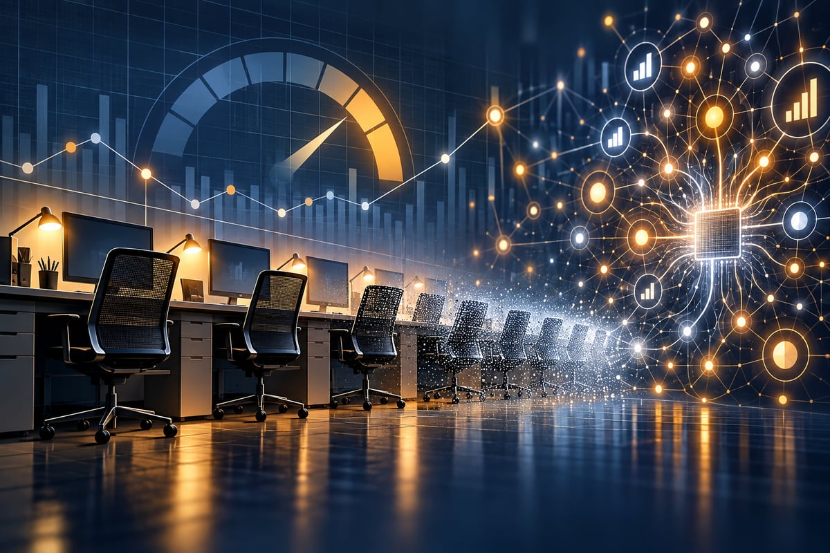 AI-generated illustration of office workstations dissolving into an automated credit-scoring network; it is not a photograph of FICO staff or offices.