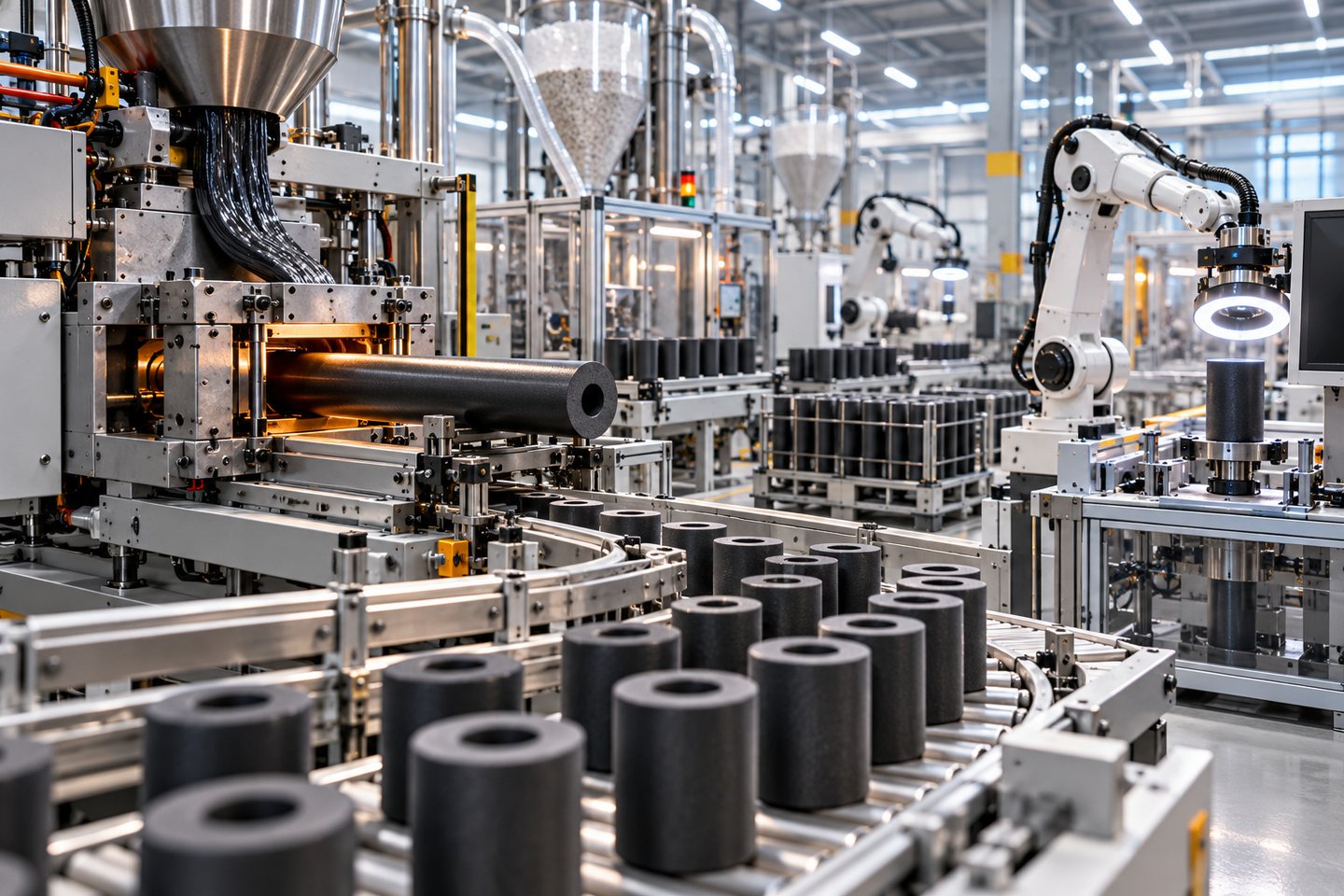 Original conceptual illustration of automated industrial production for small cylindrical propulsion components