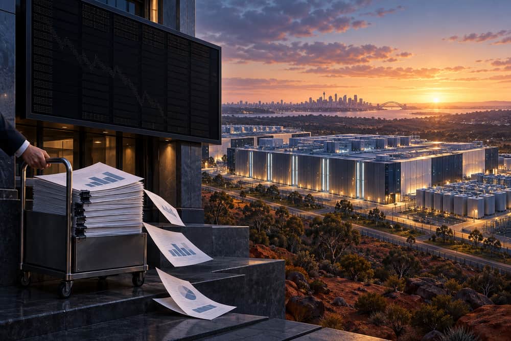 AI-generated illustration of an Australian AI data-center campus beside a darkened exchange board and withdrawn investor documents; it is not a photograph of Firmus.