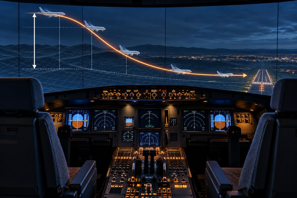 AI-generated illustration of an empty generic flight simulator with a steep descent trace; it is not a photograph of flight FZ1073 or its crew.