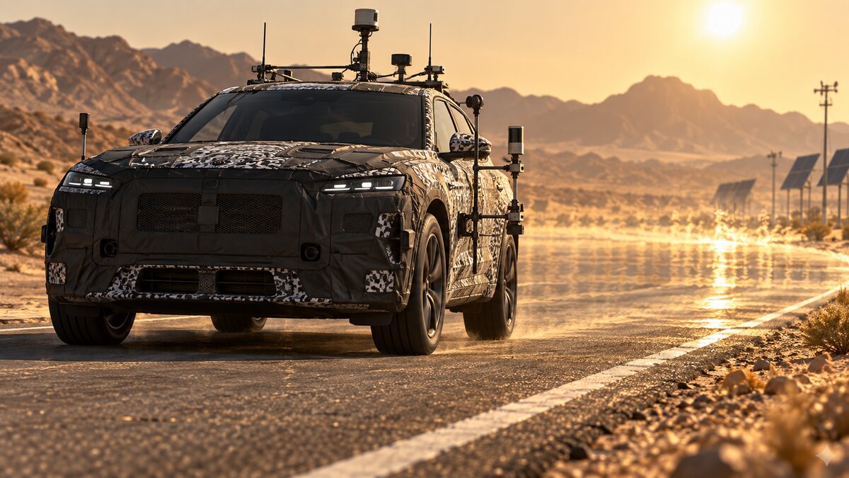 AI-generated illustration. Unbranded camouflaged test vehicle on a desert proving ground; not a Ford model or photograph of the company’s test.