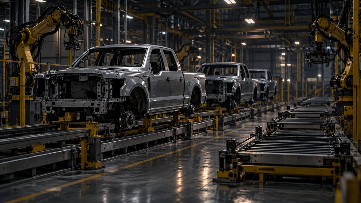 AI-generated illustration of an unbranded pickup-truck assembly line standing idle; it is not the actual Ford plant.