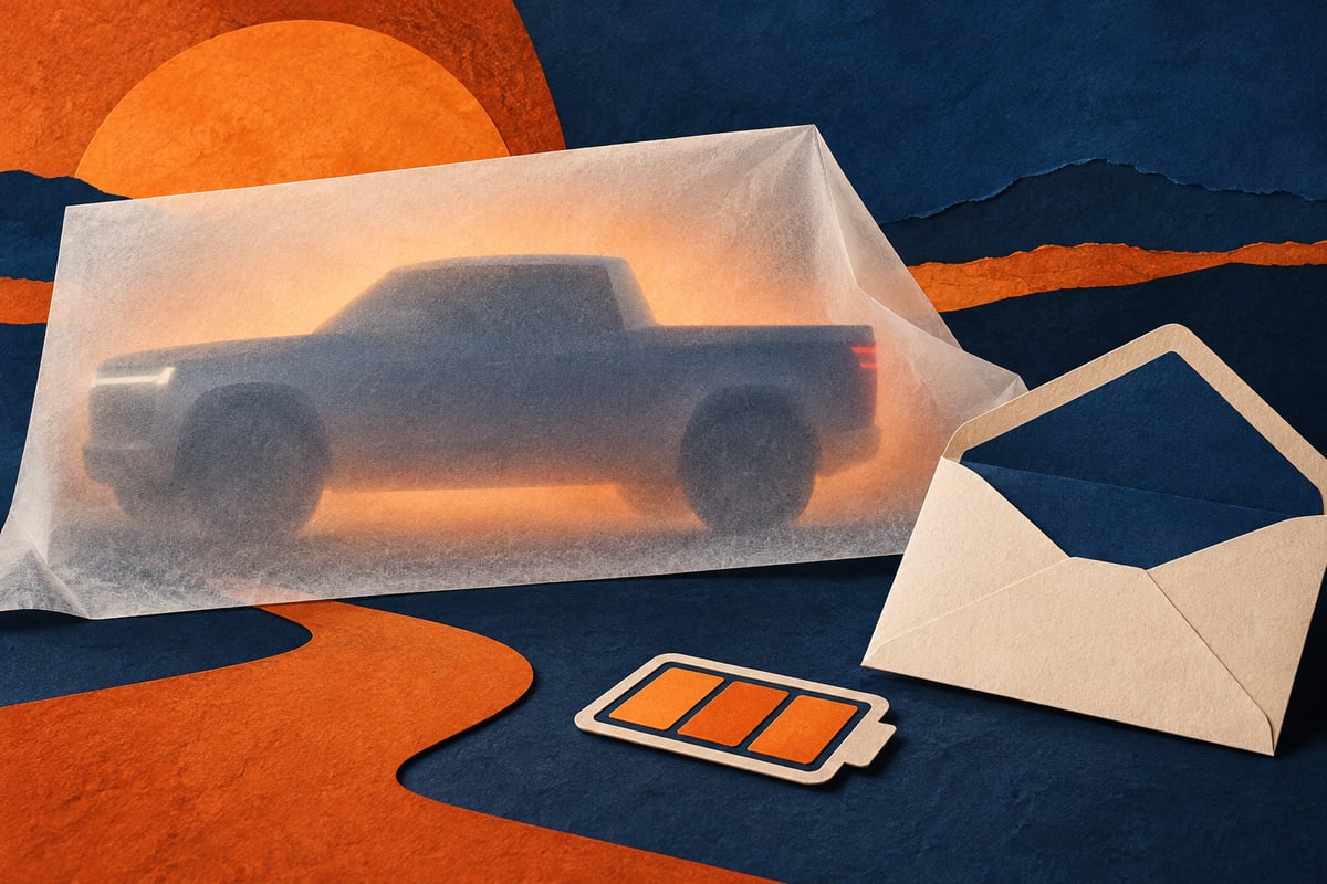 A concealed illustrated electric pickup beside an invitation envelope